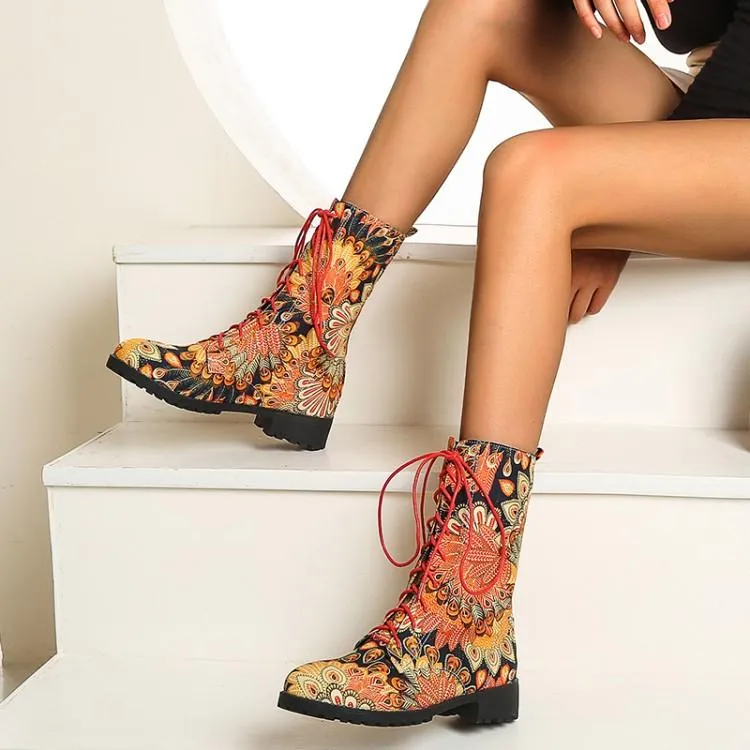 Women short chunky heel flowers embroidered lace up boots