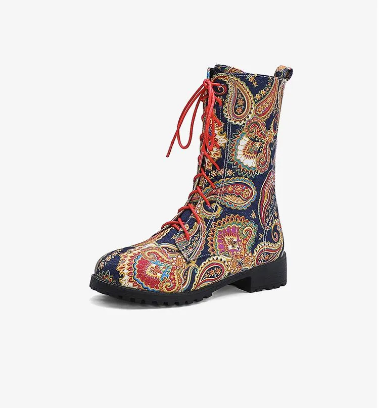 Women short chunky heel flowers embroidered lace up boots