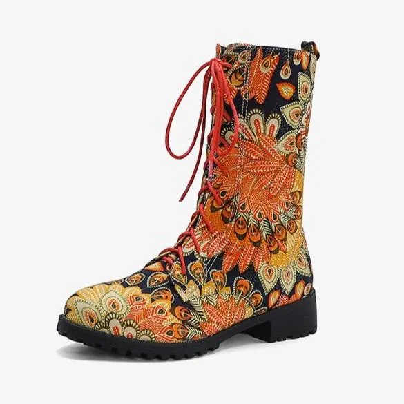 Women short chunky heel flowers embroidered lace up boots