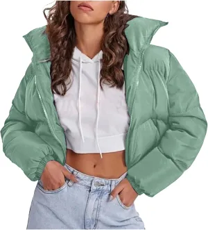 Womens 2024 Fashion Winter Solid Zipper Cropped Jackets Long Sleeve Oversized Down Jacket Warm Soft Fitted Overcoat