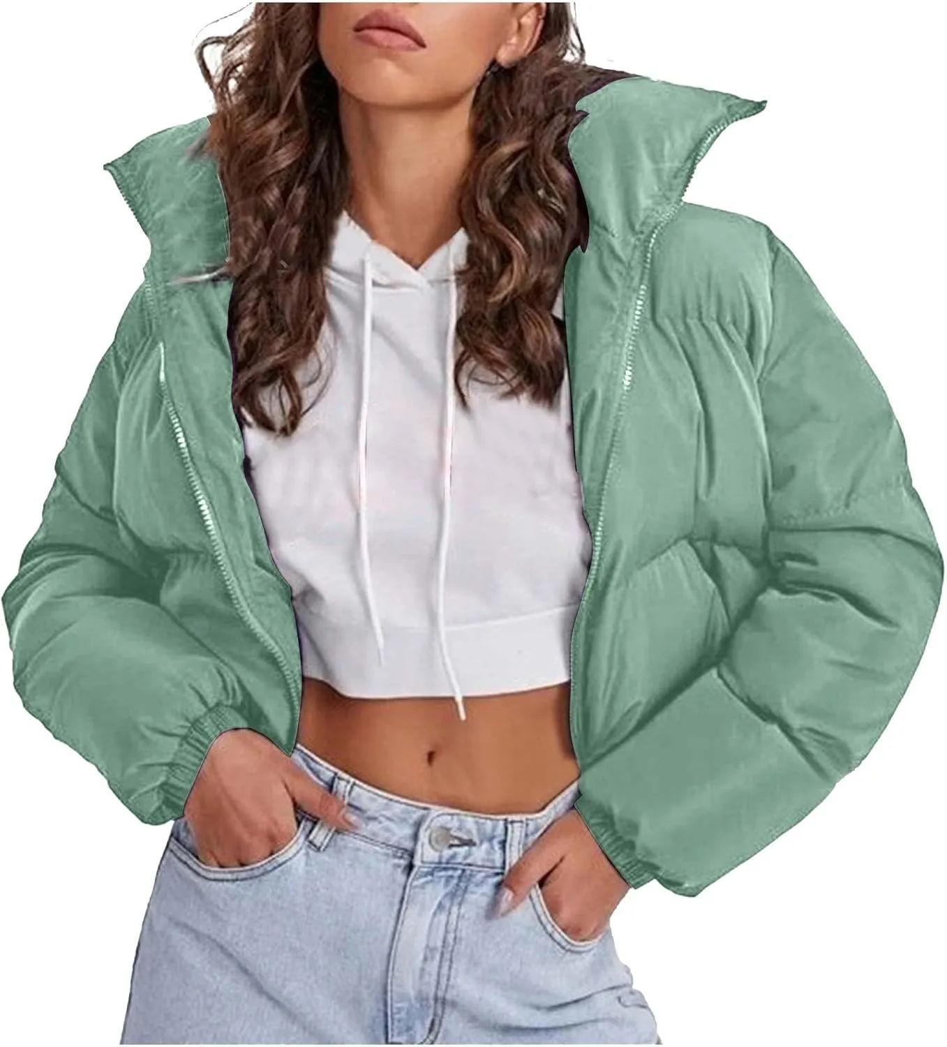 Womens 2024 Fashion Winter Solid Zipper Cropped Jackets Long Sleeve Oversized Down Jacket Warm Soft Fitted Overcoat