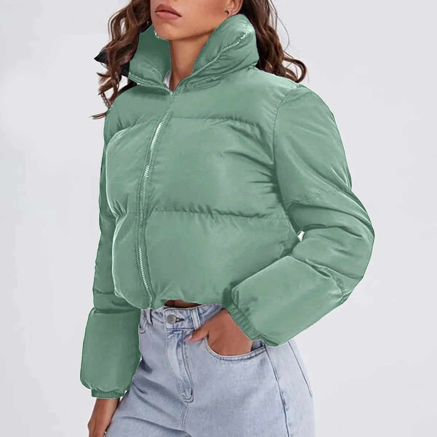 Womens 2024 Fashion Winter Solid Zipper Cropped Jackets Long Sleeve Oversized Down Jacket Warm Soft Fitted Overcoat