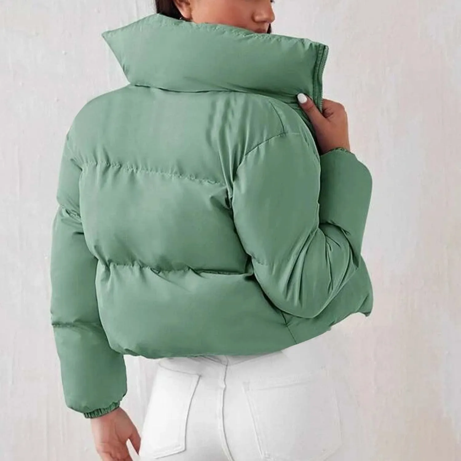Womens 2024 Fashion Winter Solid Zipper Cropped Jackets Long Sleeve Oversized Down Jacket Warm Soft Fitted Overcoat