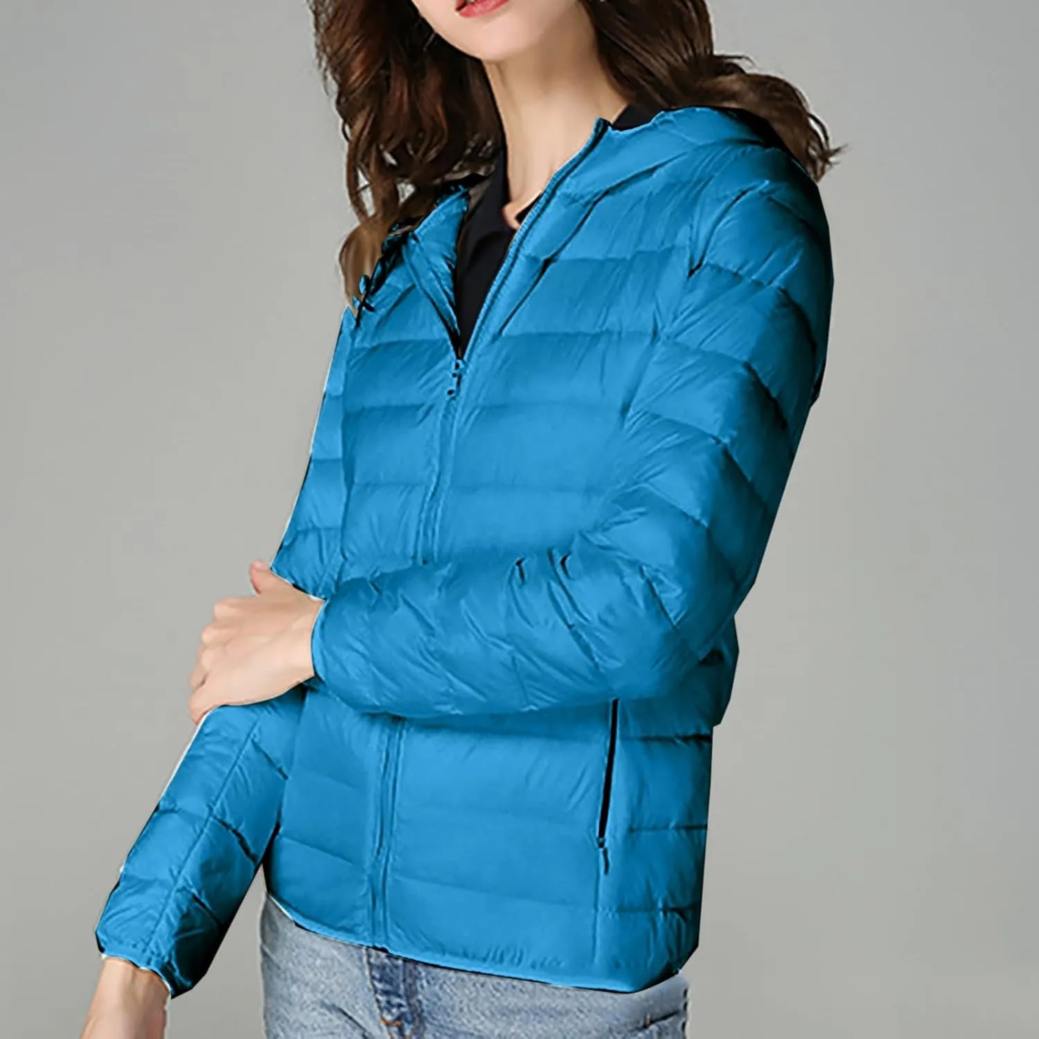 Womens 2024 Fashion Zipper Solid Quilted Puffer Coat Insulation Long Sleeve Down Jacket Casual Loose Soft Down Coat