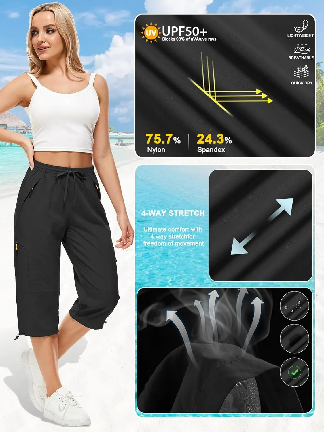 Women's Cargo Capris Pants Casual Hiking Pants Lightweight Quick Dry Travel Summer Pants for Women