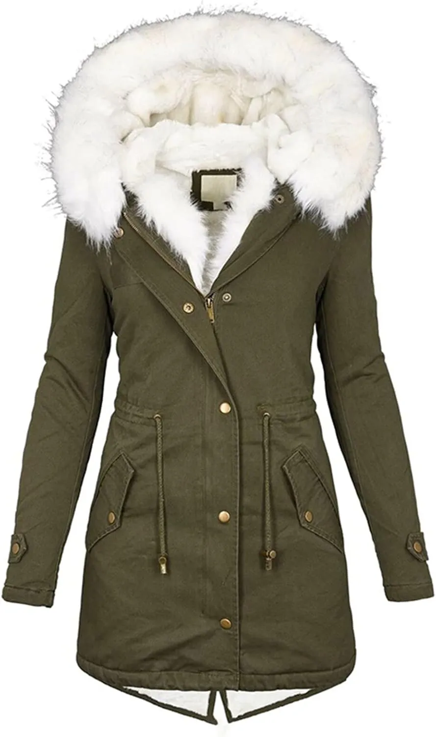 Womens Casual Faux Fur Lapel Zip Quilted Parka Jacket Puffer Coat Fall Winter Coat Thicken Military Parka Jacket