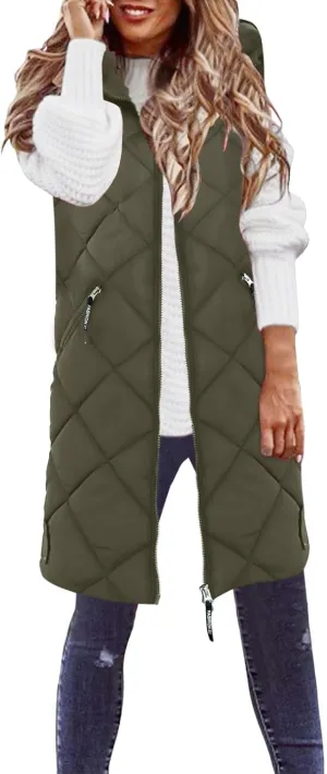 Womens Classic Solid Long Down Coat Casual Breathable Insulated Jacket Sleeveless with Hood Outwear Commuting Clothes
