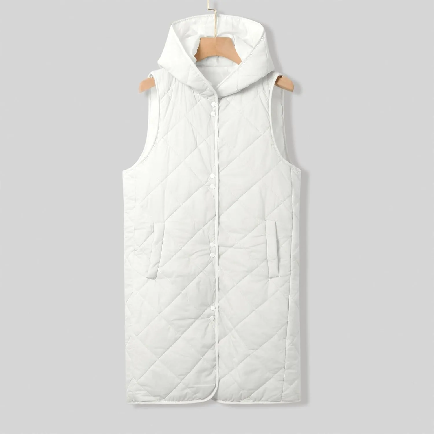 Womens Classic Solid Long Down Coat Casual Breathable Insulated Jacket Sleeveless with Hood Outwear Commuting Clothes