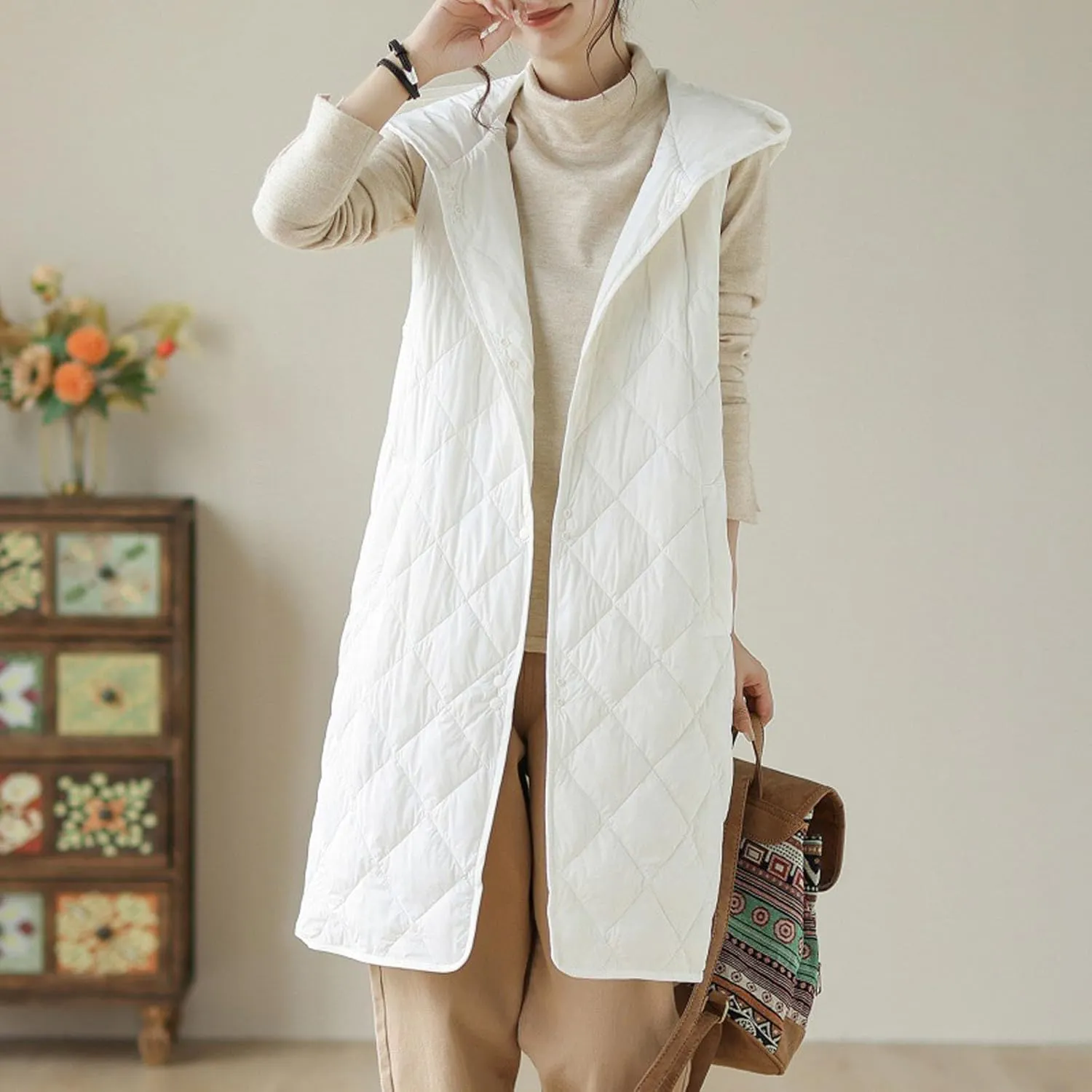 Womens Classic Solid Long Down Coat Casual Breathable Insulated Jacket Sleeveless with Hood Outwear Commuting Clothes