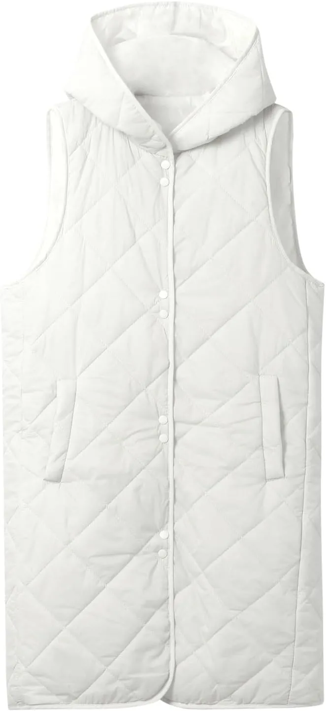 Womens Classic Solid Long Down Coat Casual Breathable Insulated Jacket Sleeveless with Hood Outwear Commuting Clothes