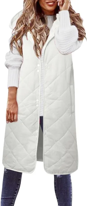 Womens Classic Solid Long Down Coat Casual Breathable Insulated Jacket Sleeveless with Hood Outwear Commuting Clothes