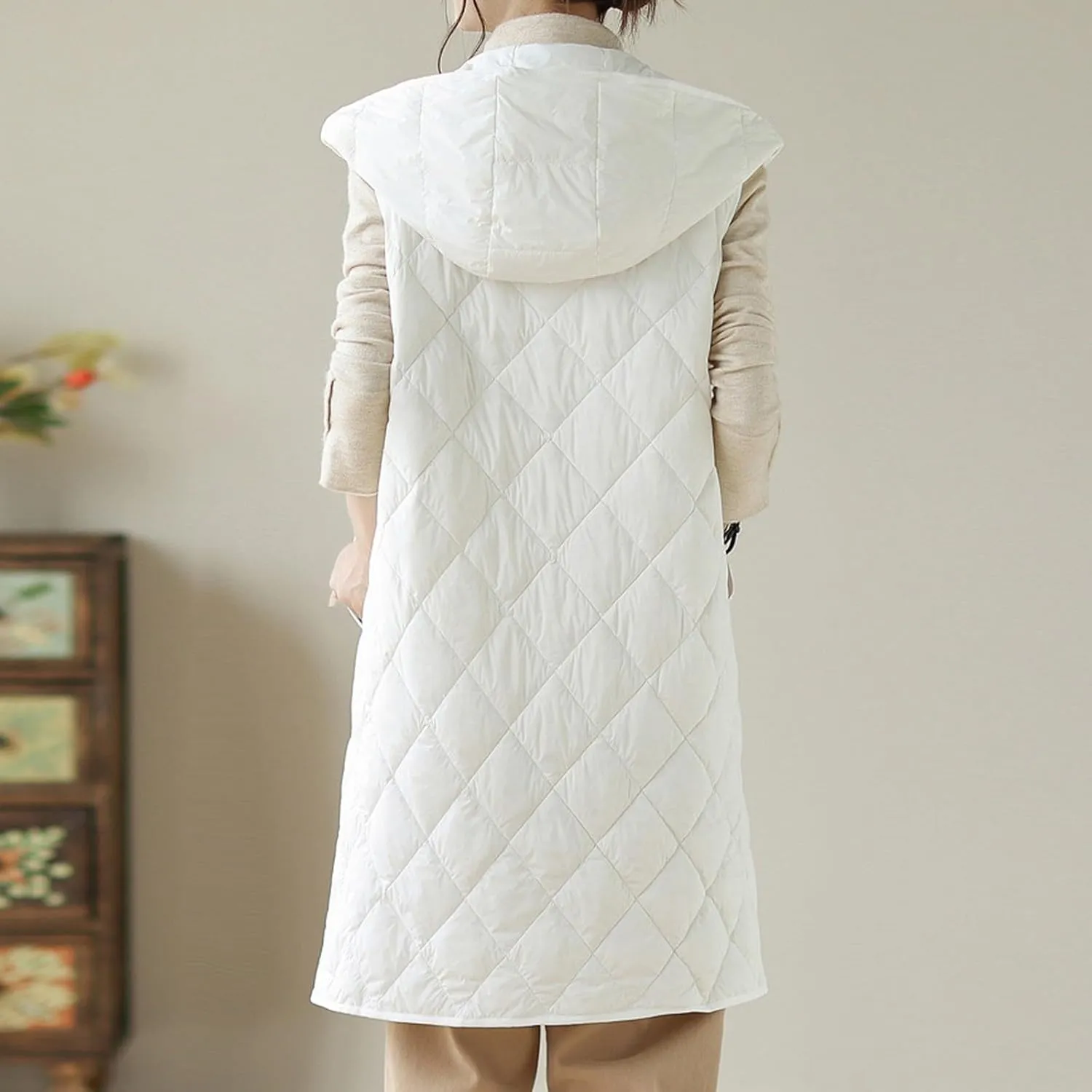 Womens Classic Solid Long Down Coat Casual Breathable Insulated Jacket Sleeveless with Hood Outwear Commuting Clothes