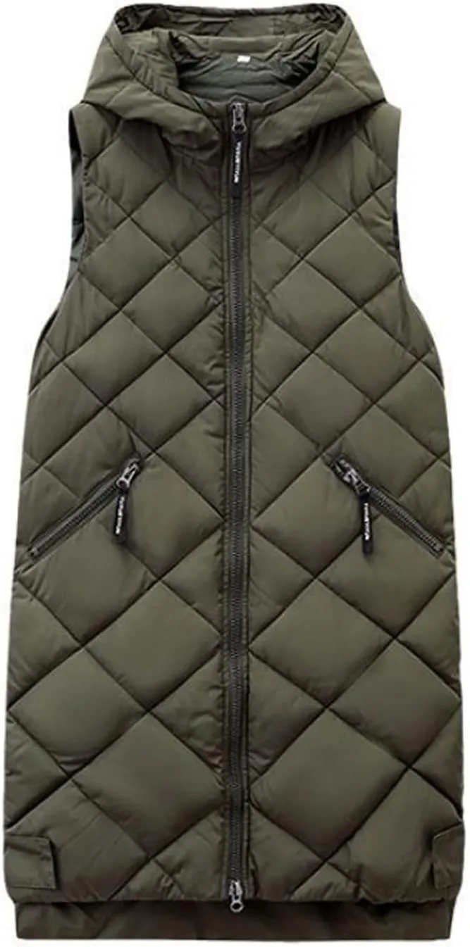 Womens Classic Solid Long Down Coat Casual Breathable Insulated Jacket Sleeveless with Hood Outwear Commuting Clothes