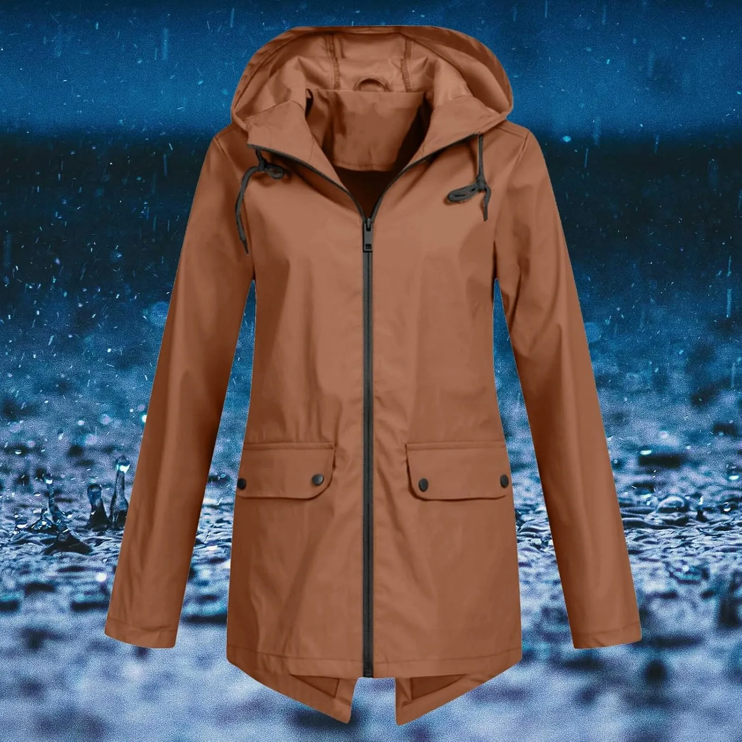 Womens Classic Solid Zip Up Rain Coat Long Sleeve Pockets Rain Jacket Casual Loose Oversized Jacket Coat Outdoor Suits