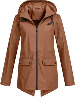 Womens Classic Solid Zip Up Rain Coat Long Sleeve Pockets Rain Jacket Casual Loose Oversized Jacket Coat Outdoor Suits