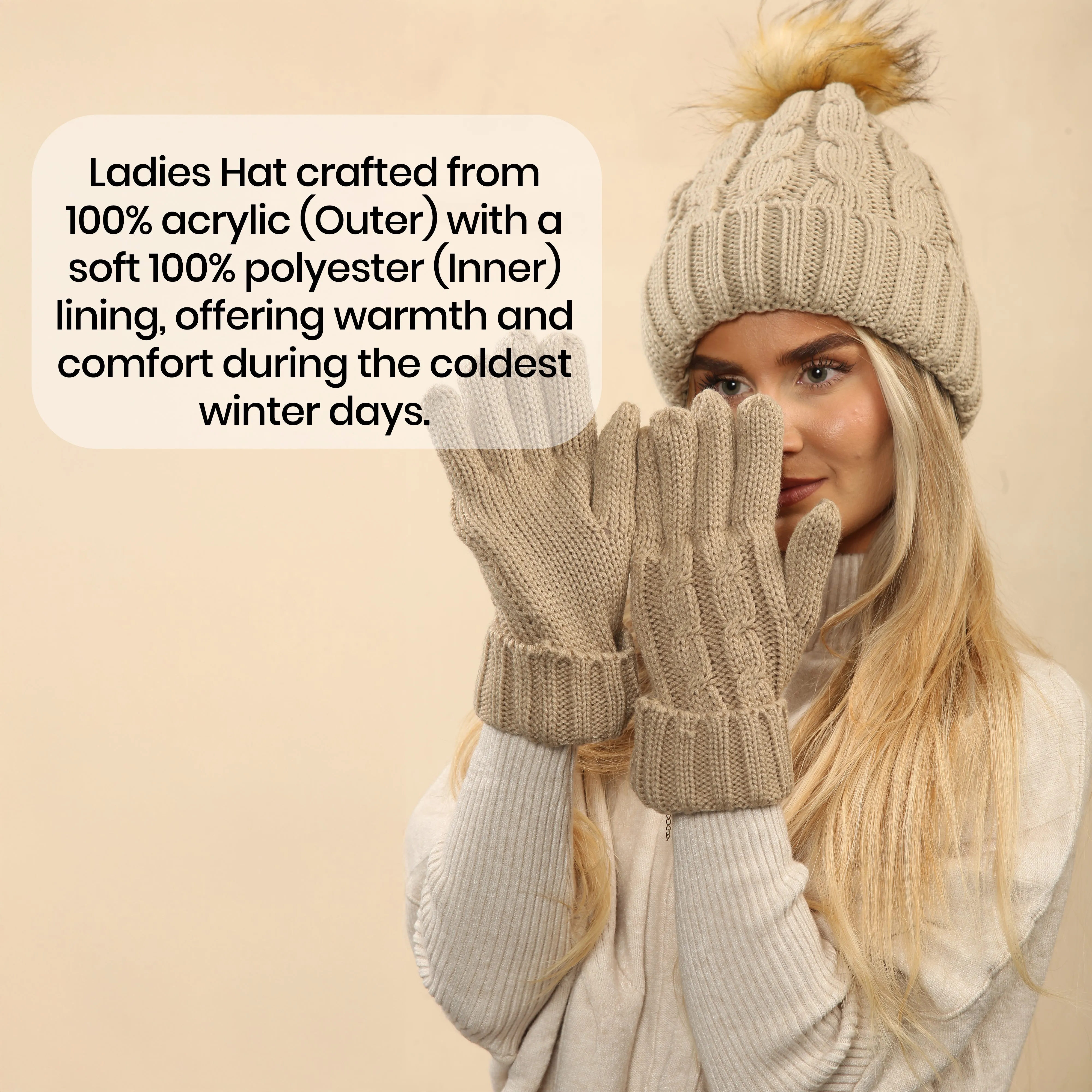 Women's Cream Chunky Knit Winter Hat & Gloves Set Faux Fur Pom Pom Warm & Stylish Beanie for Ladies By Heatwave Thermalwear