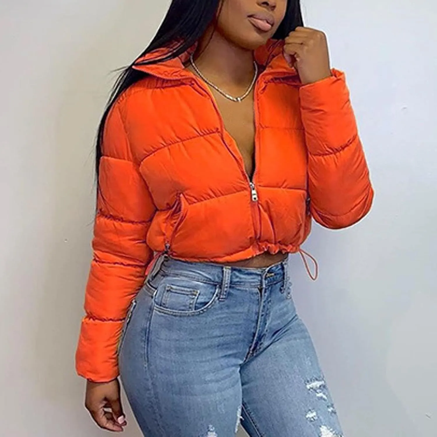 Womens Cropped Puffer Jacket Ultralight Down Coat Packable Parkas Jacket Water-Resistant Zip Up Thicken Hooded Padded Coat