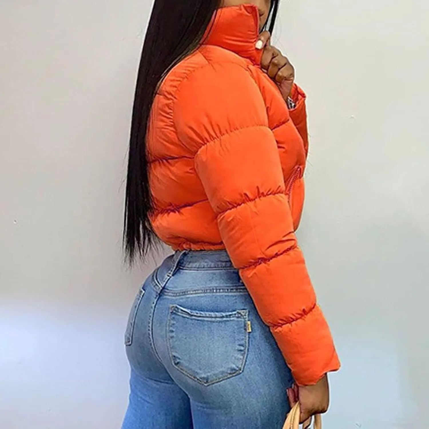 Womens Cropped Puffer Jacket Ultralight Down Coat Packable Parkas Jacket Water-Resistant Zip Up Thicken Hooded Padded Coat