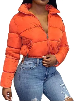 Womens Cropped Puffer Jacket Ultralight Down Coat Packable Parkas Jacket Water-Resistant Zip Up Thicken Hooded Padded Coat