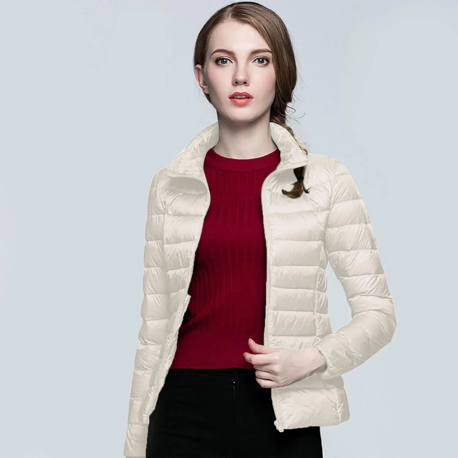 Women's Down Jackets & Parkas Packable Lightweight Warm Winter Quilted Jacket Stand Collar Slim Fit Cropped Puffer Jackets