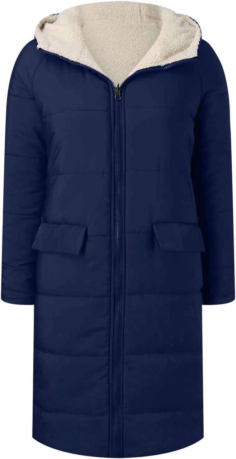 Womens Fashion Casual Fleece Coats Long Sleeve Zipper Hooded Pockets Outwear Thick Insulated Soft Reversible Overcoat