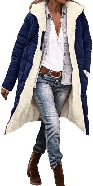 Womens Fashion Casual Fleece Coats Long Sleeve Zipper Hooded Pockets Outwear Thick Insulated Soft Reversible Overcoat