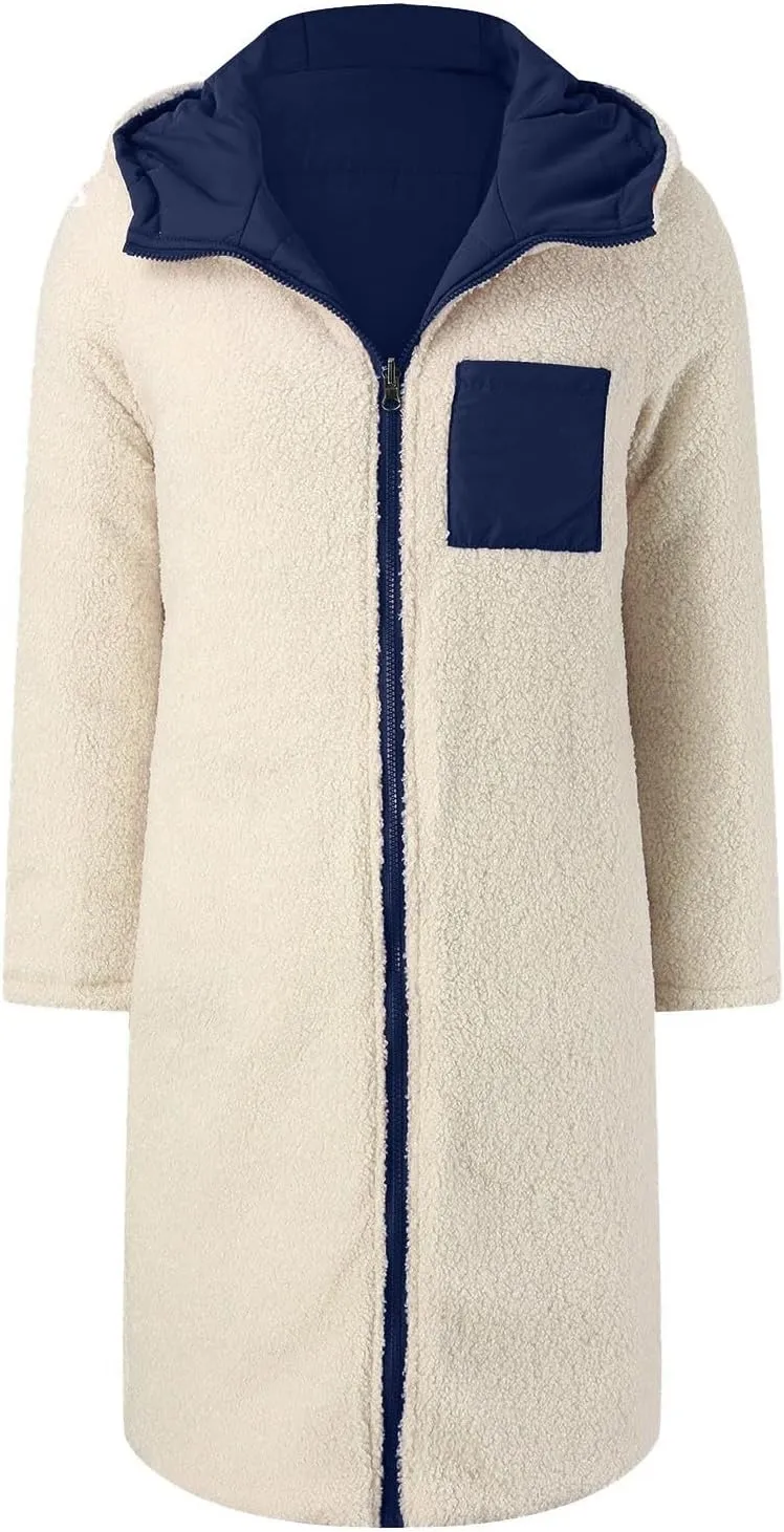 Womens Fashion Casual Fleece Coats Long Sleeve Zipper Hooded Pockets Outwear Thick Insulated Soft Reversible Overcoat