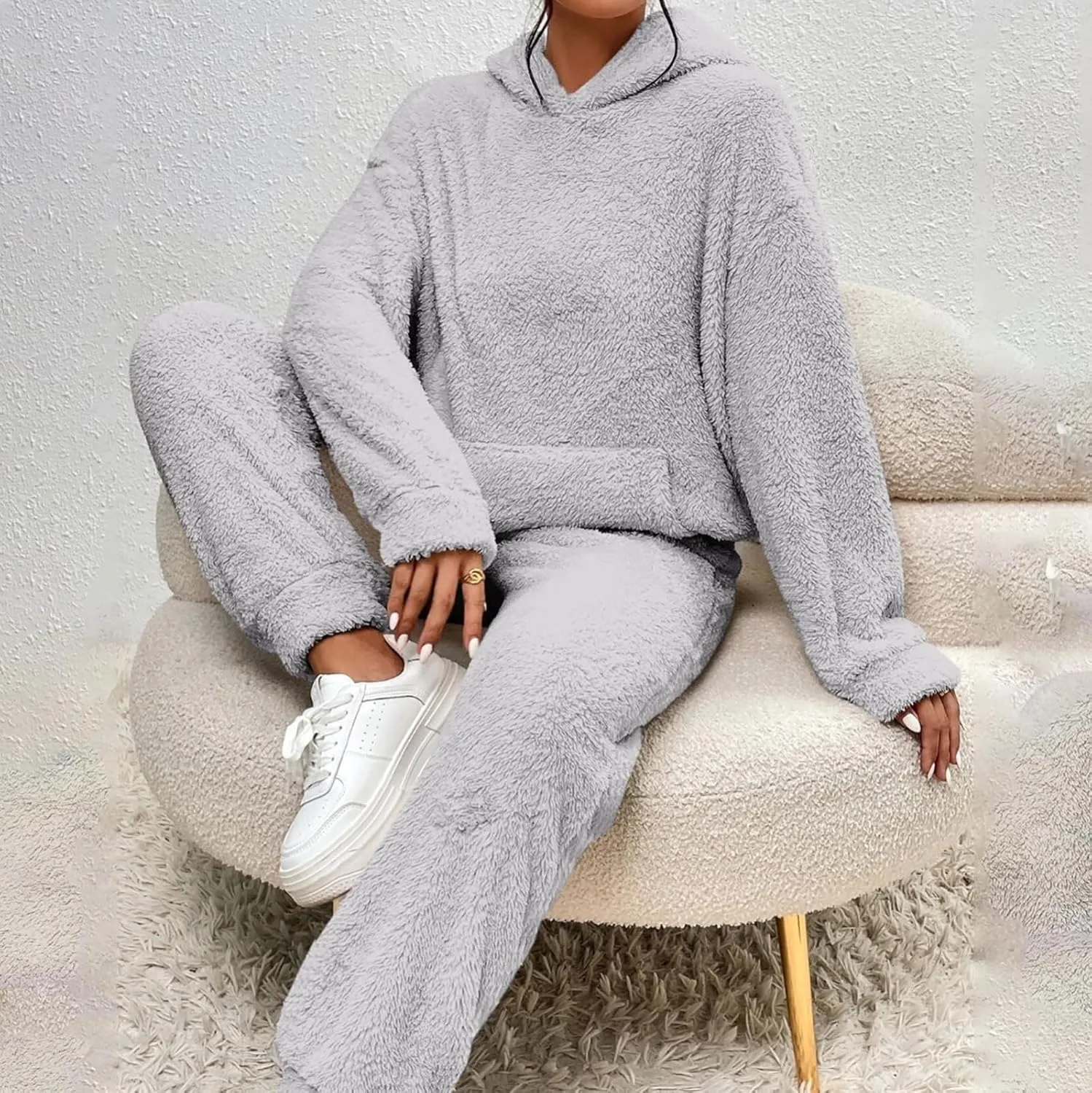 Womens Fleece 2 Piece Outfits Sherpa Fall Winter Warm Hoodies for Women Flannel Fleece Lined Sweatpants Lounge Set