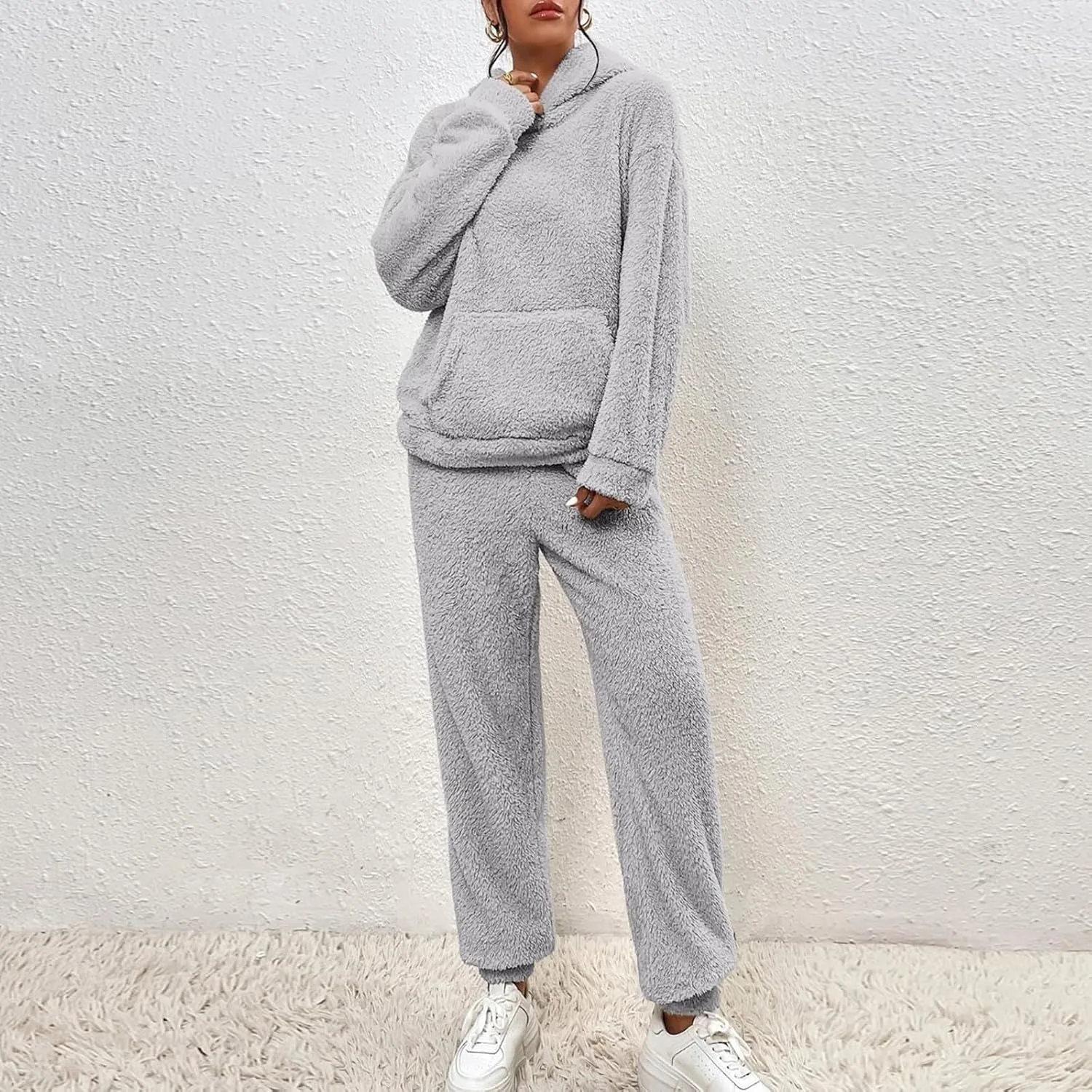 Womens Fleece 2 Piece Outfits Sherpa Fall Winter Warm Hoodies for Women Flannel Fleece Lined Sweatpants Lounge Set