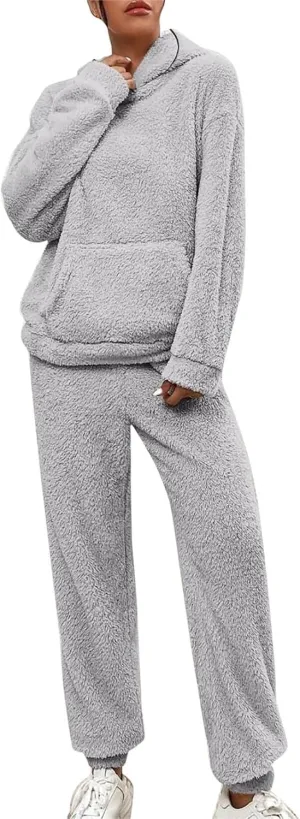 Womens Fleece 2 Piece Outfits Sherpa Fall Winter Warm Hoodies for Women Flannel Fleece Lined Sweatpants Lounge Set