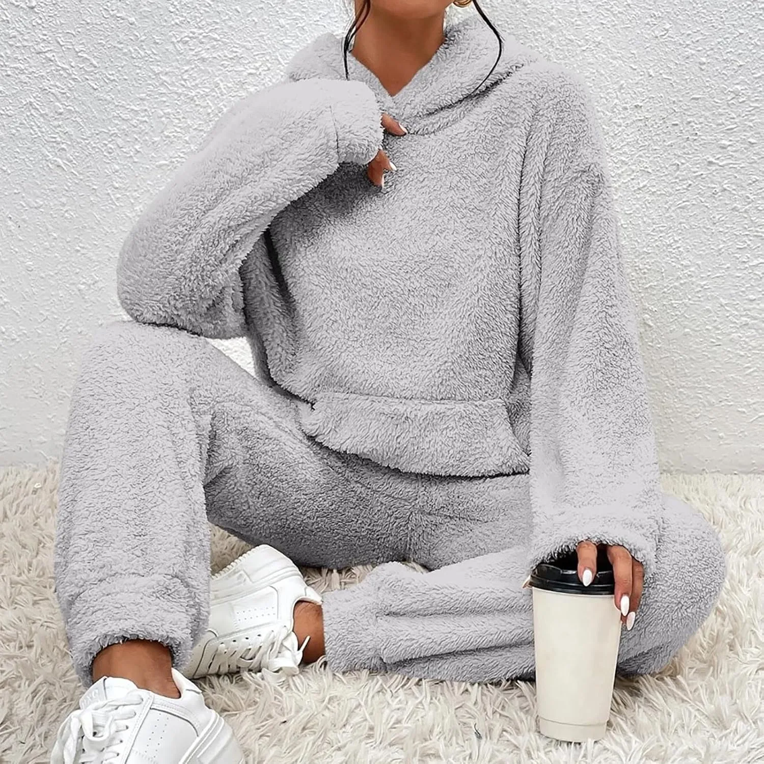 Womens Fleece 2 Piece Outfits Sherpa Fall Winter Warm Hoodies for Women Flannel Fleece Lined Sweatpants Lounge Set