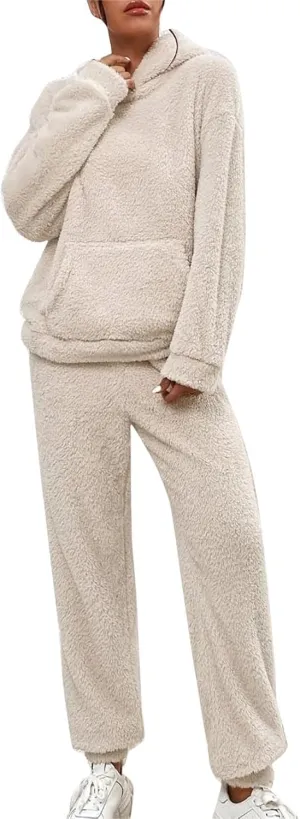 Womens Fleece 2 Piece Outfits Sherpa Fall Winter Warm Hoodies for Women Flannel Fleece Lined Sweatpants Lounge Set