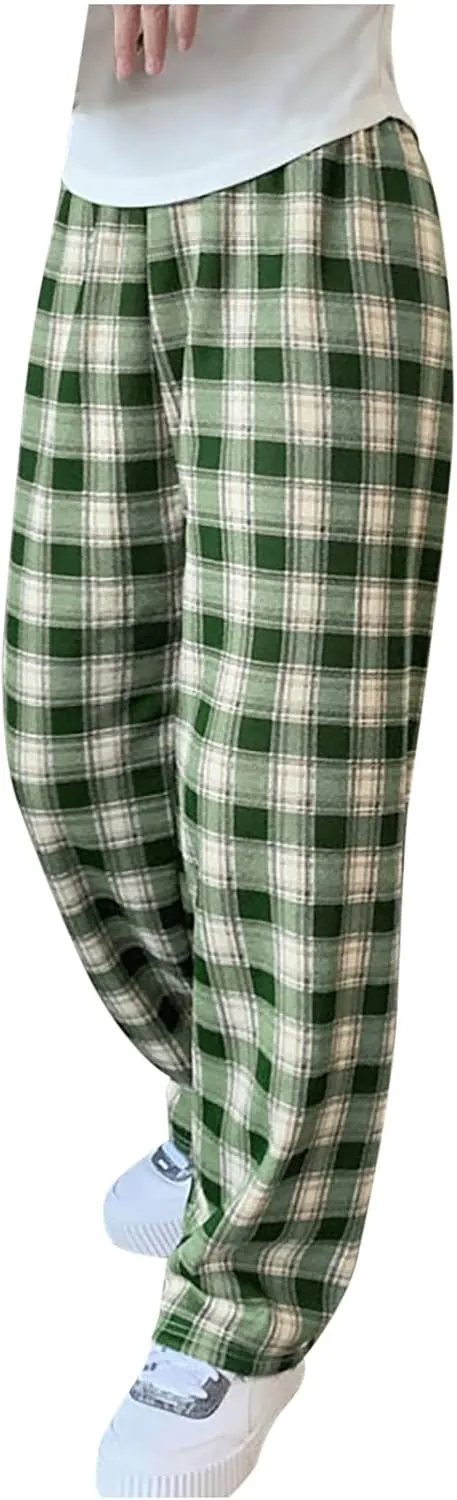 Women's Fleece Lined Thermal Pants Yoga Straight Leg Winter Trousers High Waisted Thick Thermal Leggings Plaid Pants