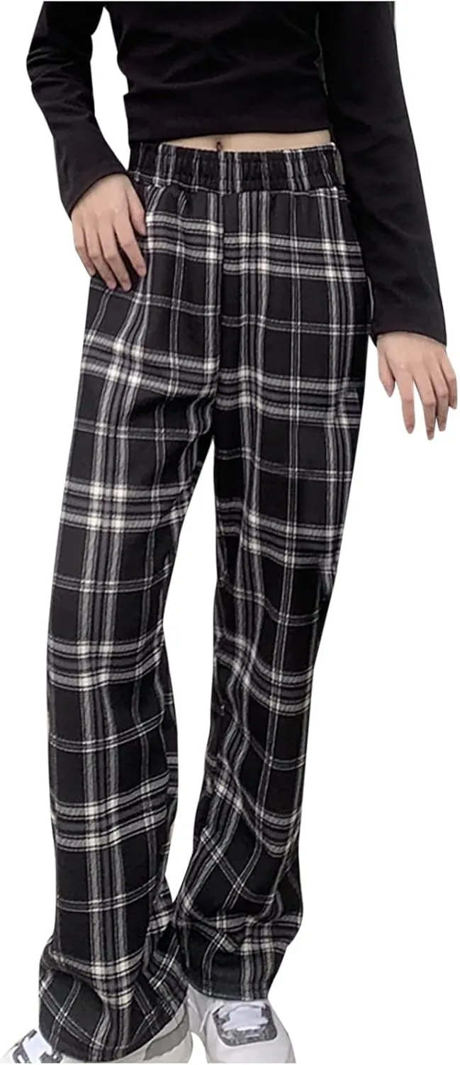 Women's Fleece Lined Thermal Pants Yoga Straight Leg Winter Trousers High Waisted Thick Thermal Leggings Plaid Pants