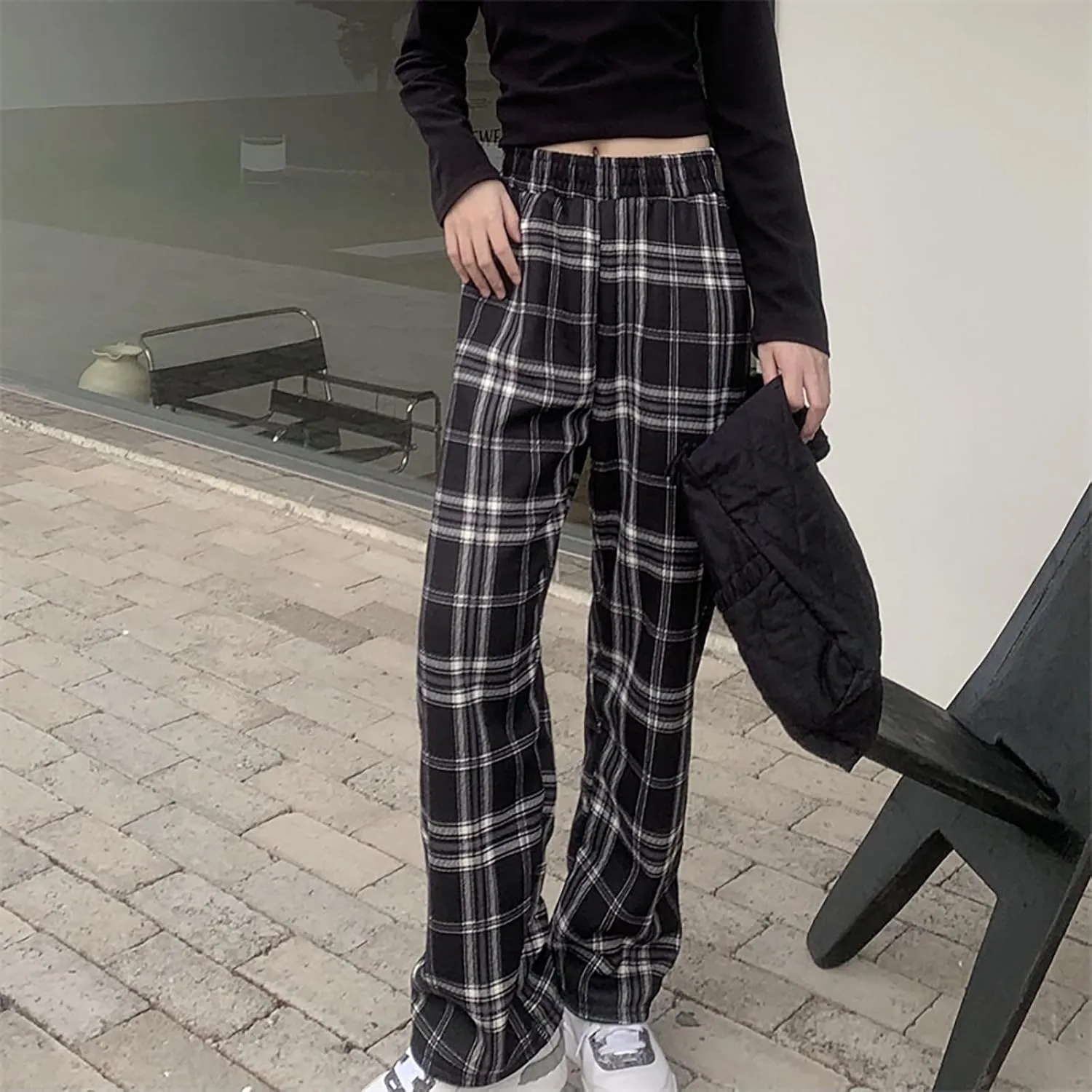 Women's Fleece Lined Thermal Pants Yoga Straight Leg Winter Trousers High Waisted Thick Thermal Leggings Plaid Pants