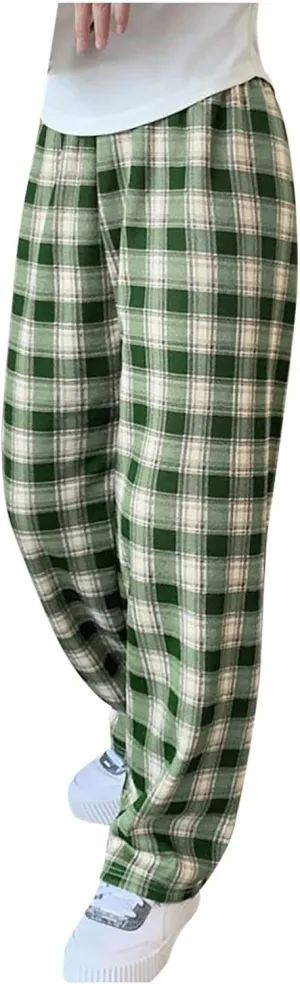 Women's Fleece Lined Thermal Pants Yoga Straight Leg Winter Trousers High Waisted Thick Thermal Leggings Plaid Pants