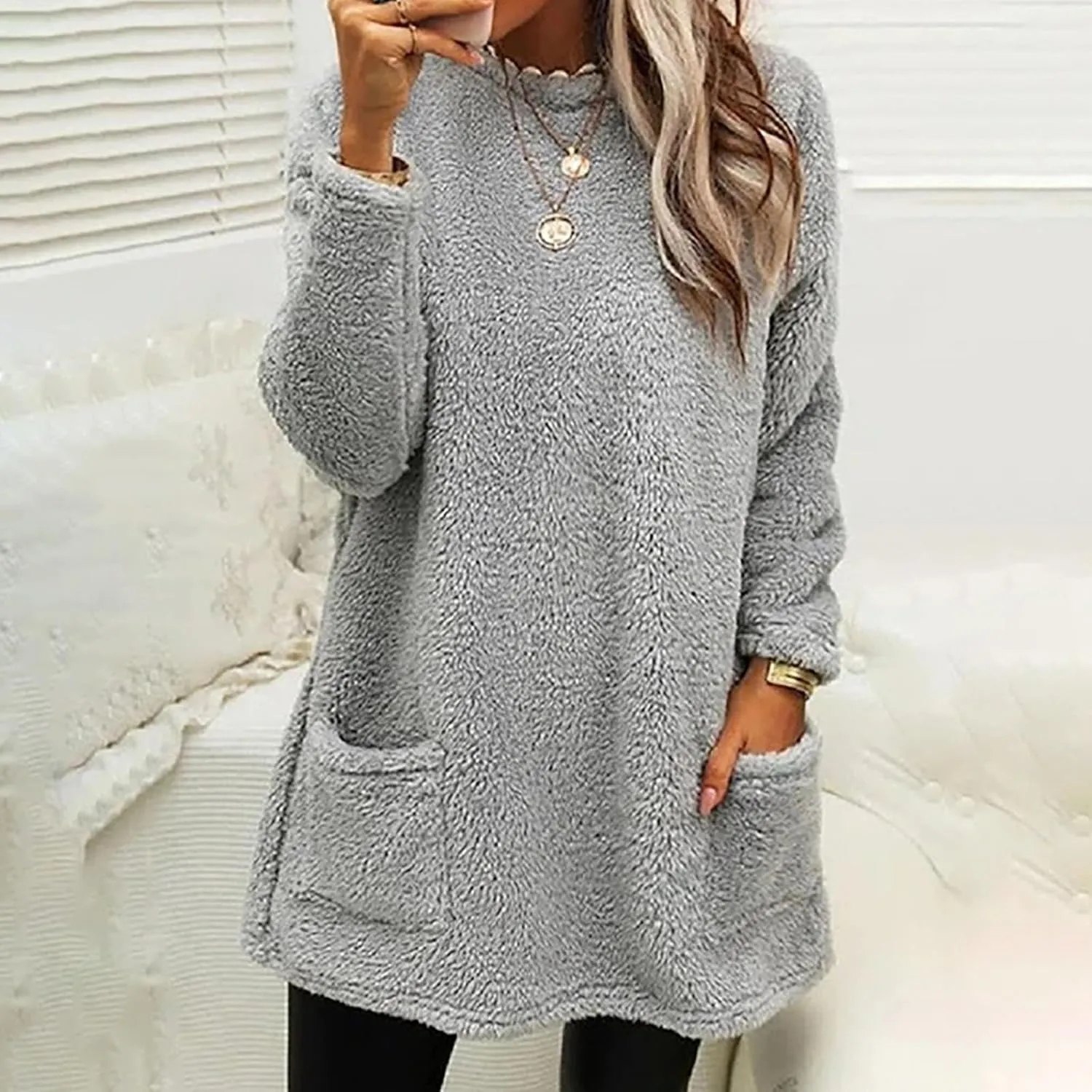 Women's Fleece Sherpa Lined Fuzzy Pullover Thermal Sweatshirt Long