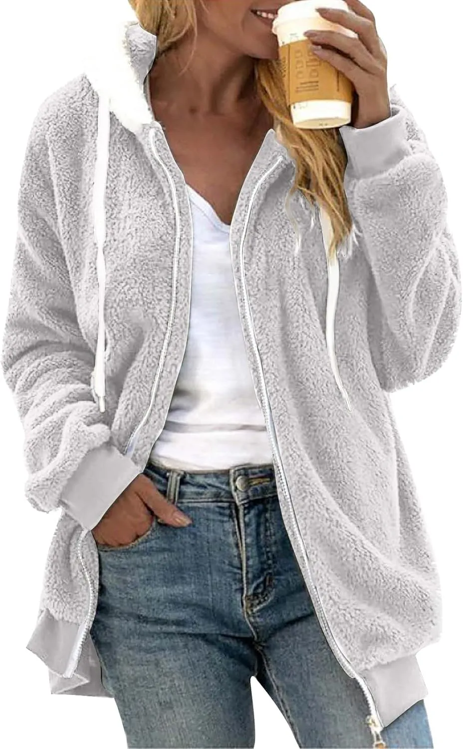Womens Fleece Zip Up Jacket with Pockets Oversized Long Sherpa Hoodies Fuzzy Jackets Warm Teddy Coats