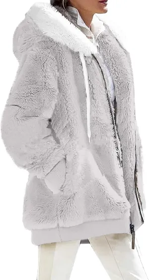 Womens Fleece Zip Up Jacket with Pockets Oversized Long Sherpa Hoodies Fuzzy Jackets Warm Teddy Coats