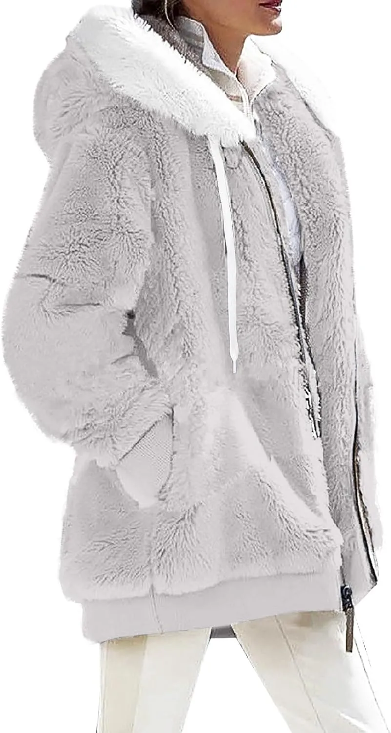 Womens Fleece Zip Up Jacket with Pockets Oversized Long Sherpa Hoodies Fuzzy Jackets Warm Teddy Coats