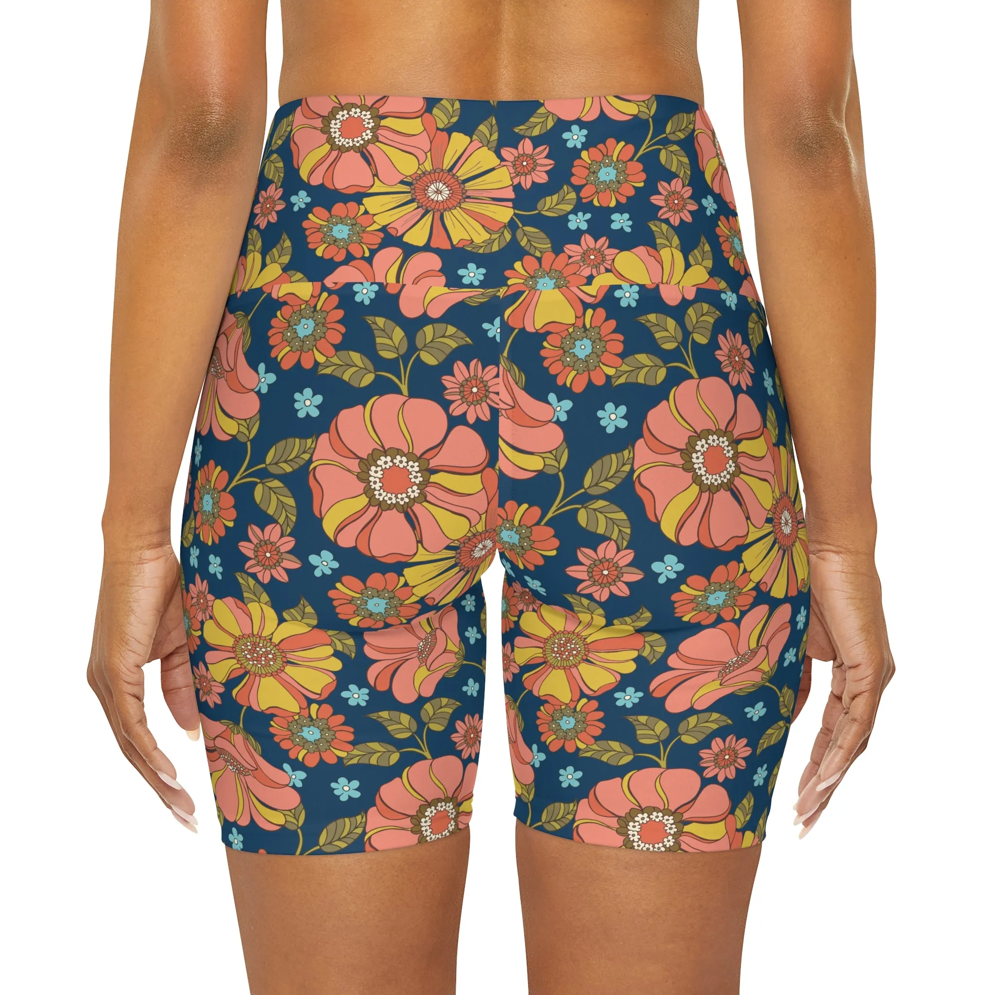 Women's High Waisted 7" Length Swim Shorts, Retro 70s Floral