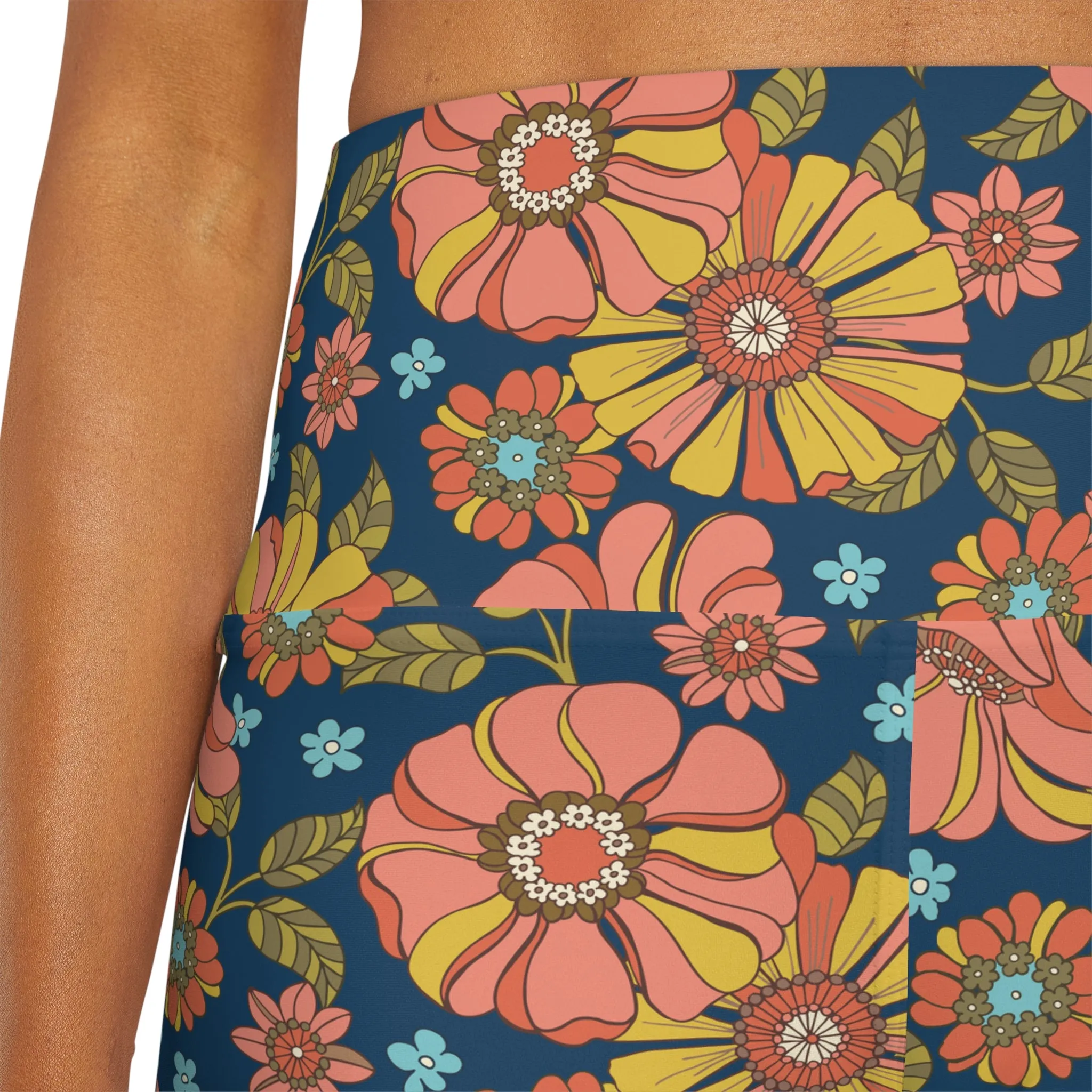 Women's High Waisted 7" Length Swim Shorts, Retro 70s Floral