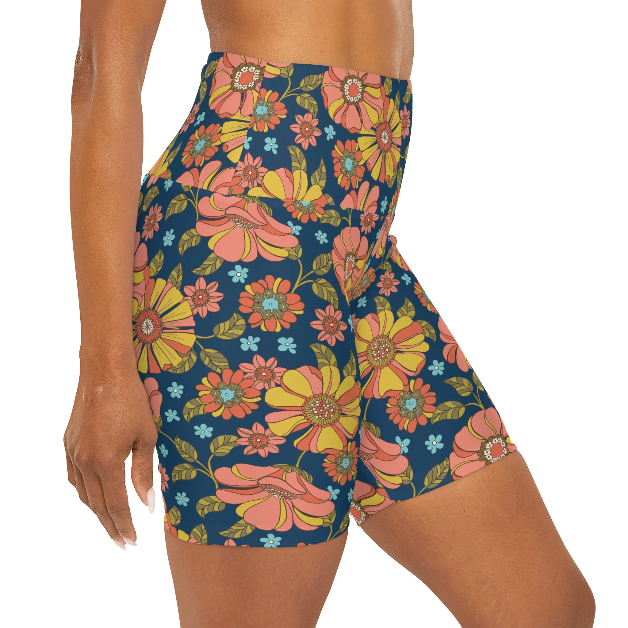 Women's High Waisted 7" Length Swim Shorts, Retro 70s Floral