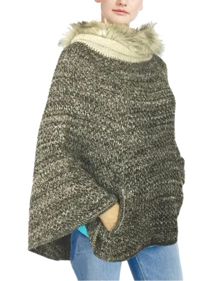 WOMENS MELANGE SWEATER WITH FUR COLLAR PUNCHO