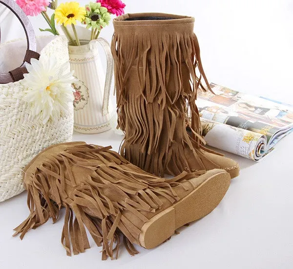 Women's mid calf tassles boots | Flat fringe boots