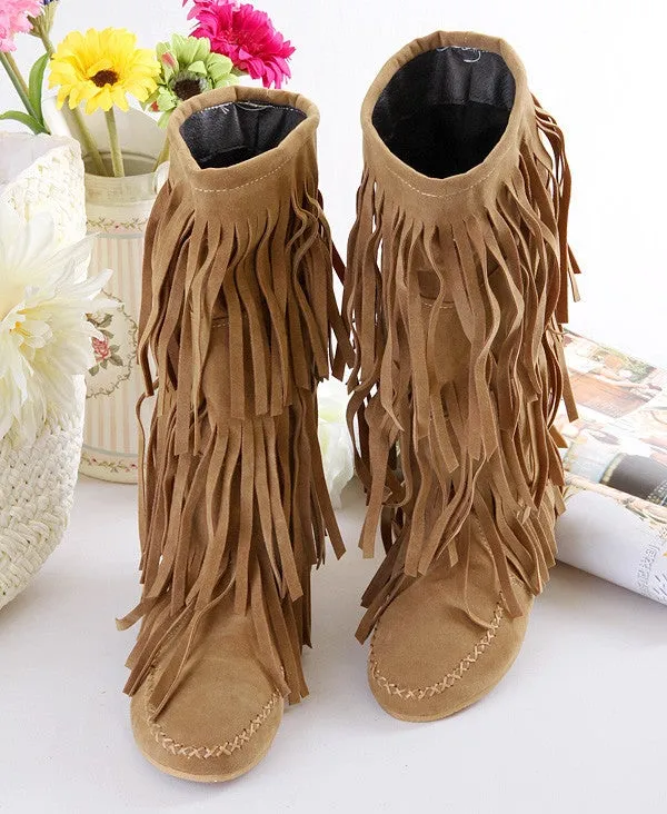 Women's mid calf tassles boots | Flat fringe boots