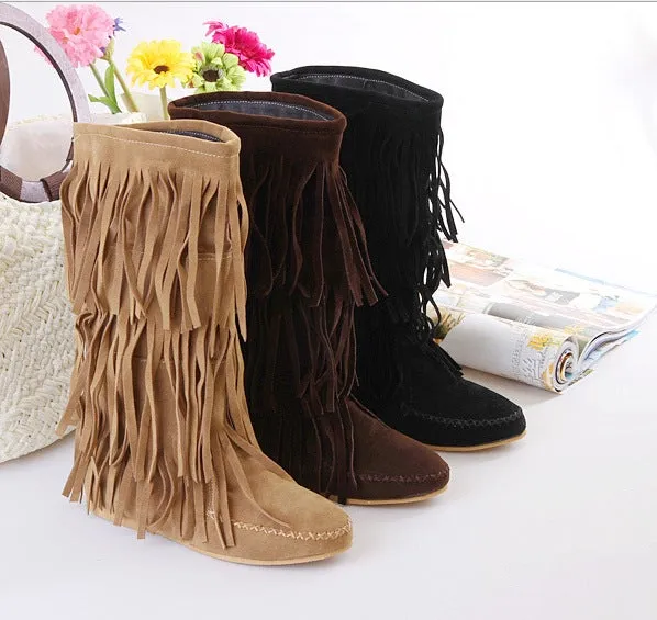 Women's mid calf tassles boots | Flat fringe boots