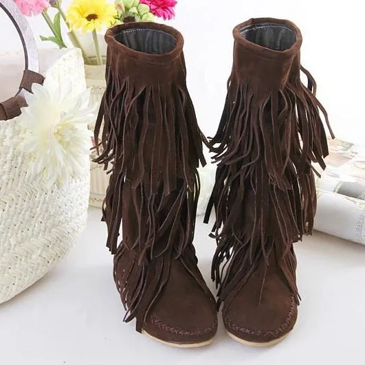 Women's mid calf tassles boots | Flat fringe boots