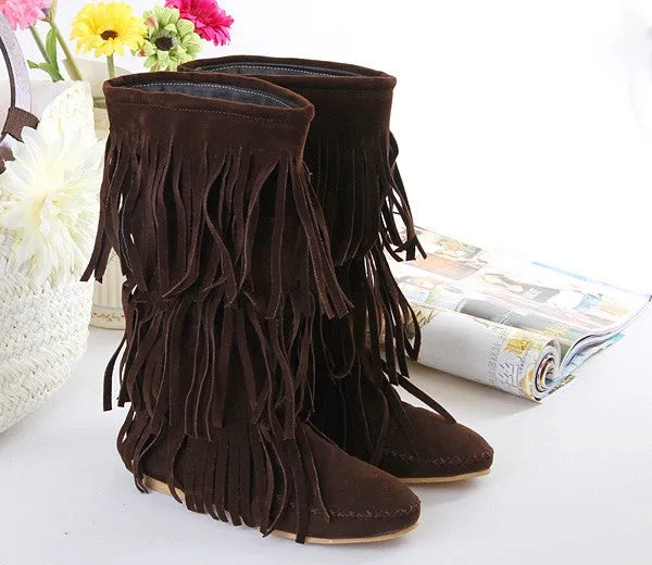 Women's mid calf tassles boots | Flat fringe boots