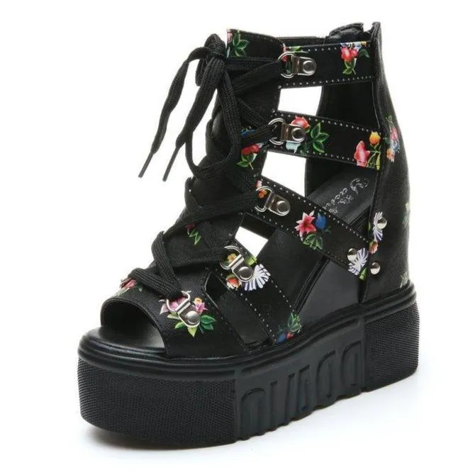 Women's peep toe thick platform wedge front lace sandals